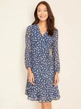 Ann Taylor Faux Wrap Pleated Blue Floral Long Sleeve Dress 4 NWT